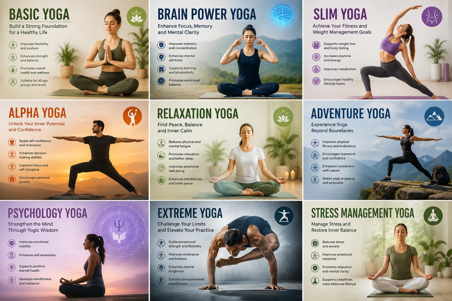 Basic Yoga,  Brain Power Yoga ,Slim yoga,  Alpha Yoga, Relaxation Yoga,  Adventure Yoga, Psychology Yoga,  Extreme Yoga,  Stress Management Yoga